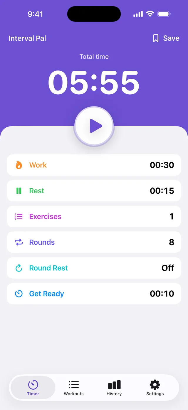 The Timer screen: total time 05:55 with rows for work, rest, exercises, rounds, round rest and get ready